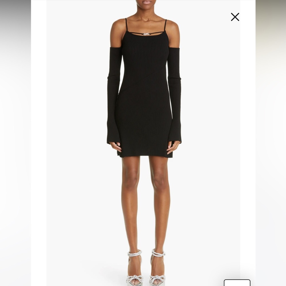 Mach & Mach Crystal Bow Ribbed Off Shoulder Long Sleeve Mini Sweater Dress